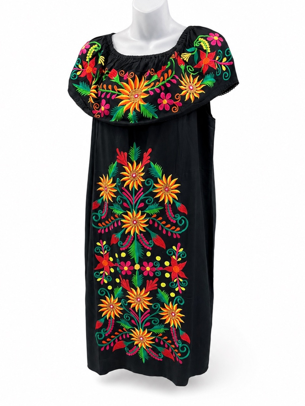 Weman Black Embroidered Floral Mexican Dress